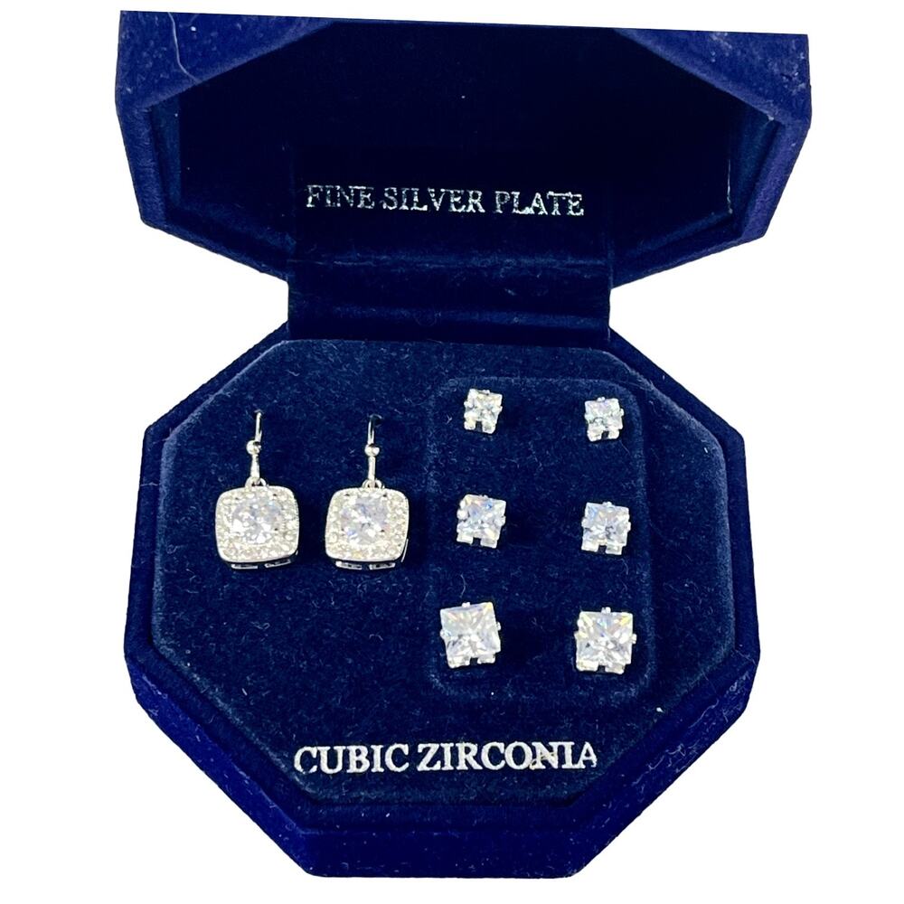 NEW Cubic Zirconia Square DANGLE DROP & STUD EARRINGS Silver Plate CZ 4 Pair